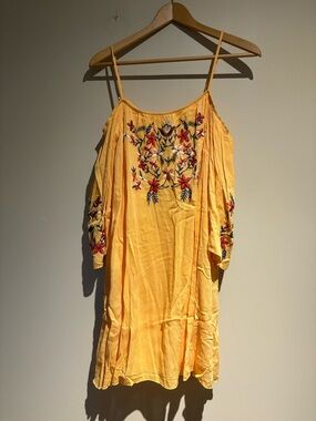 Rebellion Off The Shoulder Embroidered Dress Size Large Yellow Bohemian